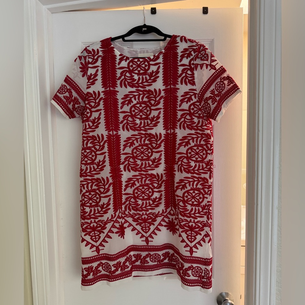 Vibrant Red and White Embroidered Dress